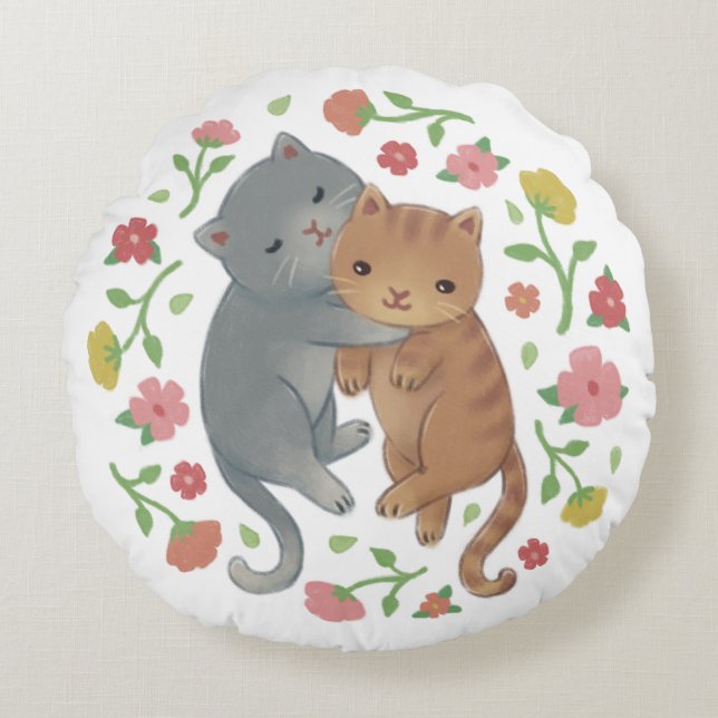 Illustration av kattor och blommor i vår rund kudde (Framsidan)