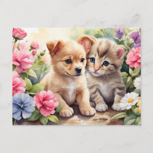 Illustration av kattunge och valp i blomsterträdgå vykort