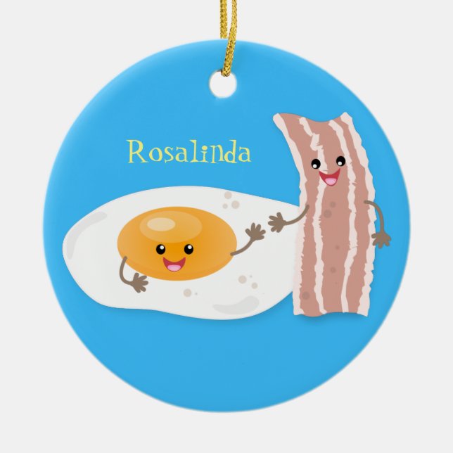 illustration av kawaiiägg och tecknad av bacon julgransprydnad keramik (Framsidan)