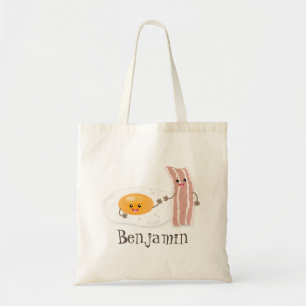 illustration av kawaiiägg och tecknad av bacon tygkasse