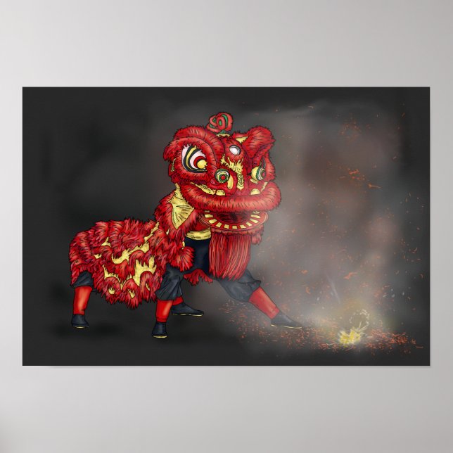 Illustration av kinesiska Lejona dansare Firecrack Poster (Framsidan)