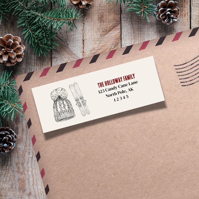 Illustration av klassiskt vinterskidspel returadress etikett (Send cheer with this bold and playful holiday labels!)