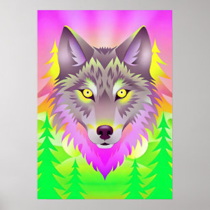 Illustration av kraftig Varg med Abstrakt Träd Poster