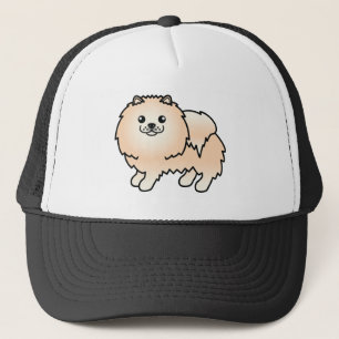 Illustration av krämfärgad pomeranian leksakshund  truckerkeps