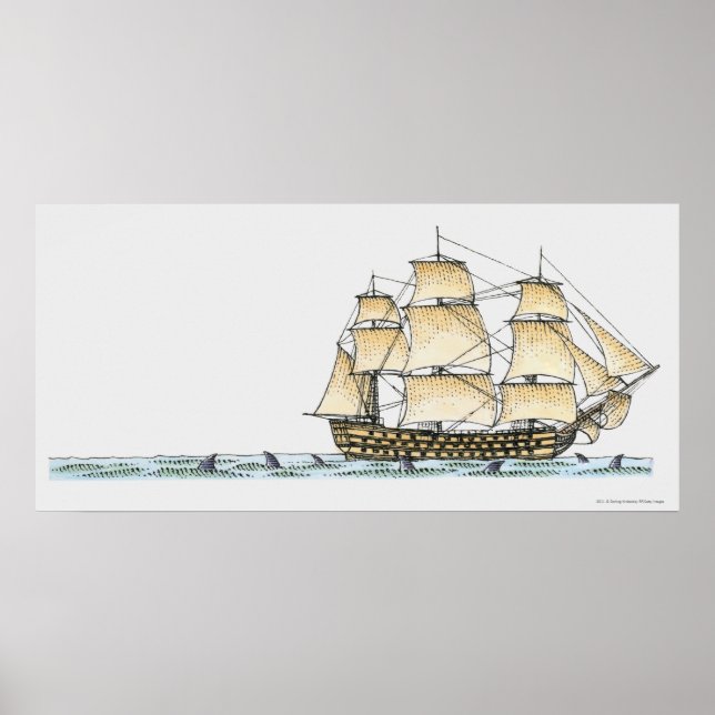 Illustration av krigsfartyg från slutet av 1800-ta poster (Framsidan)