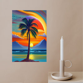 Illustration av kustnära Orange Sunset Handflatan Poster