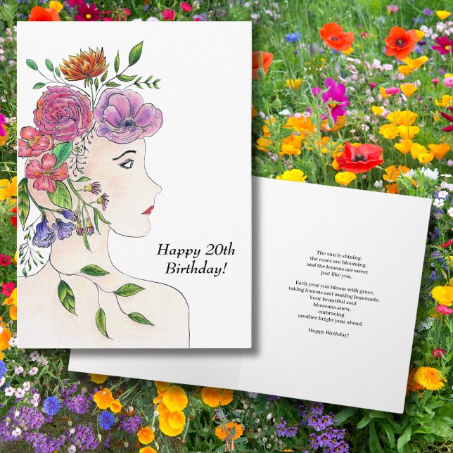 Illustration av kvinnor i lycklig 20:e födelsedage kort (Hello 20! 🌸 A sweet floral card for her milestone birthday.)