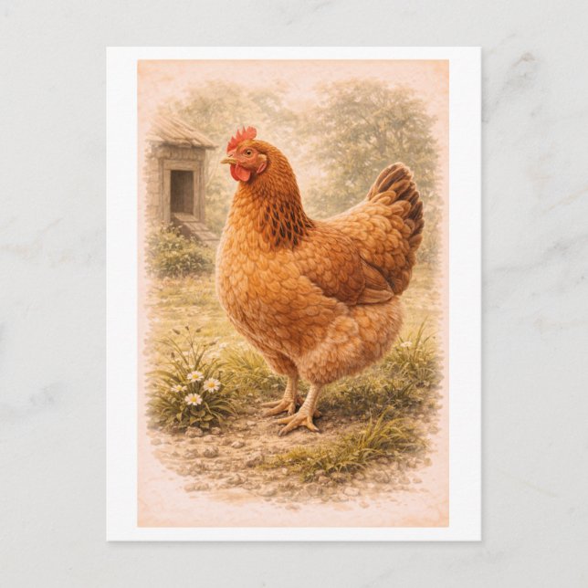 Illustration av kyckling i vintage-stil vykort (Framsida)