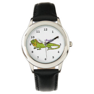 illustration av lycklig grönt iguana-tecknaden armbandsur