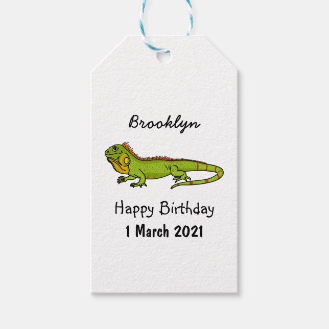 illustration av lycklig grönt iguana-tecknaden presentetikett (Framsidan)