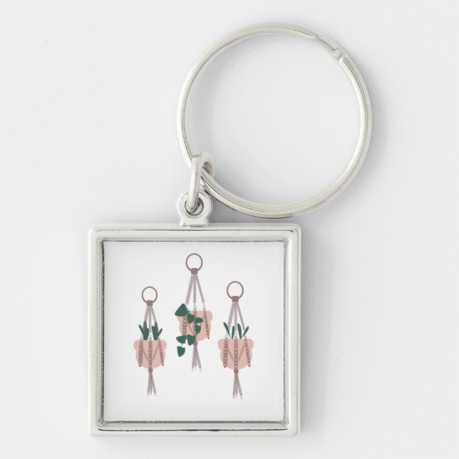 Illustration av Macrame Plant Hanger Planter Pots Fyrkantig Silverfärgad Nyckelring (Framsidan)
