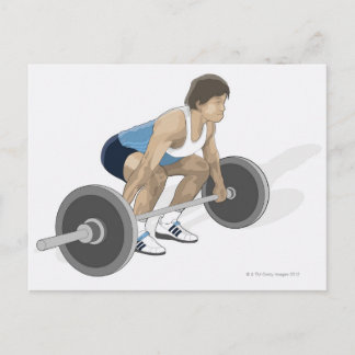 Illustration av man som hukar sig för att lyfta vykort