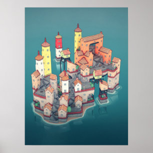 Illustration av medeltida Fantasy Fortress Island Poster
