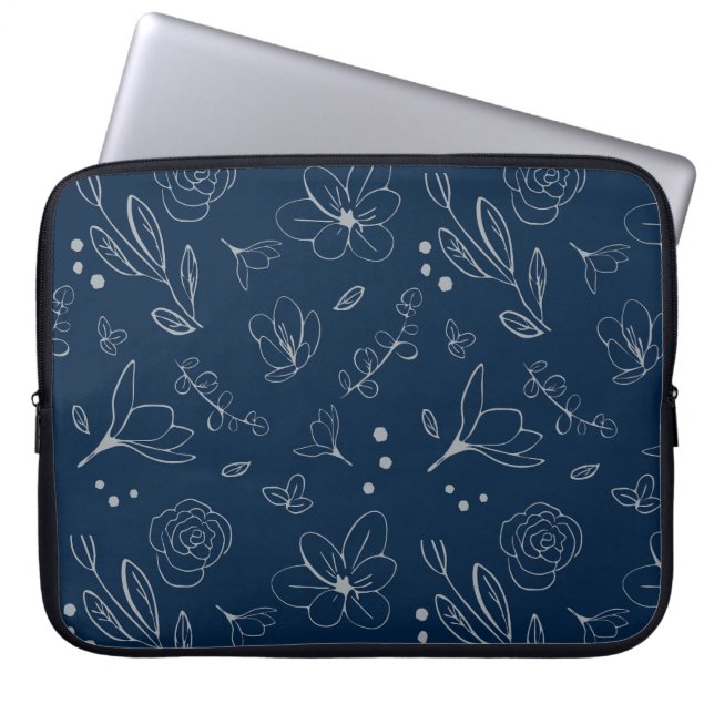 Illustration av modern marin blå Blommigt Laptop Fodral (Framsidan)