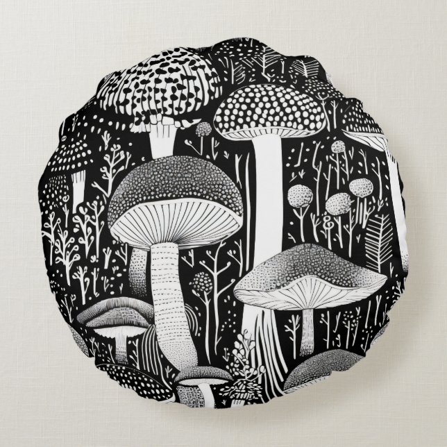Illustration av monokroma svampskogar rund kudde (Baksidan)