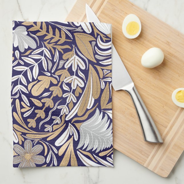 Illustration av Mönster i den vita Blommigten guld Kökshandduk (Vikt i Fjärdedel)