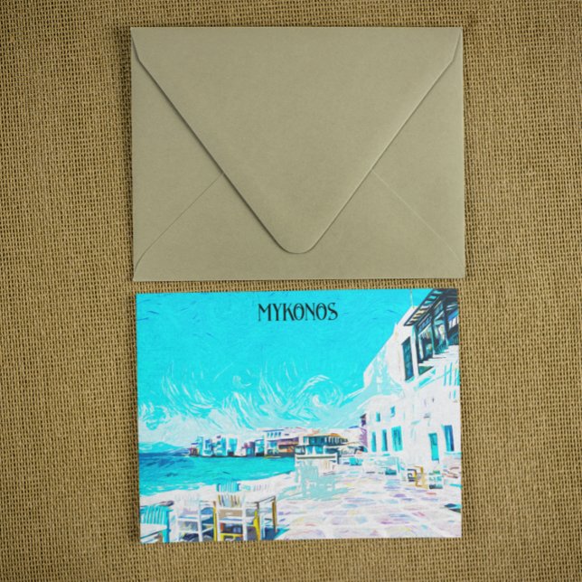 Illustration av Mykonos Greece Aegean Sea Oil Pain Vykort (mykonos greece oil paint scenery)