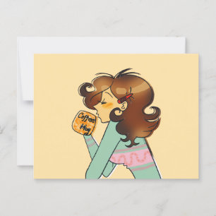 Illustration av mysigt kaffeflicka vykort