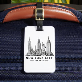 Illustration av NYC:s skyline med frihetsgudinnan Bagagebricka