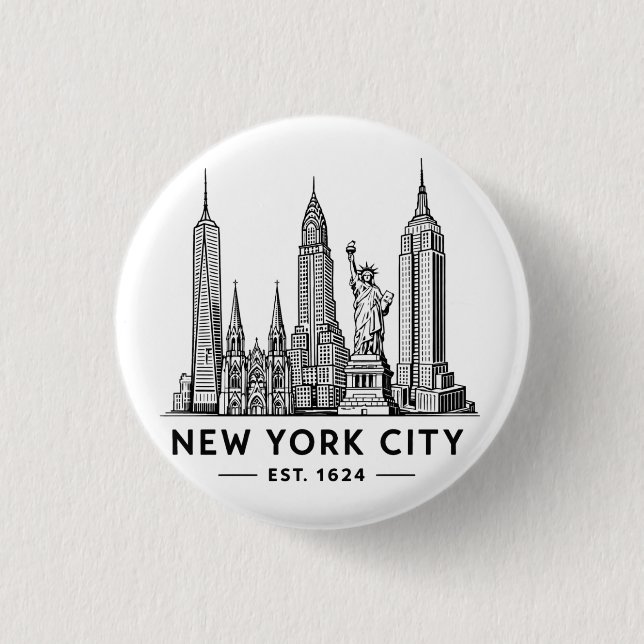 Illustration av NYC:s skyline med frihetsgudinnan Knapp (Framsida)