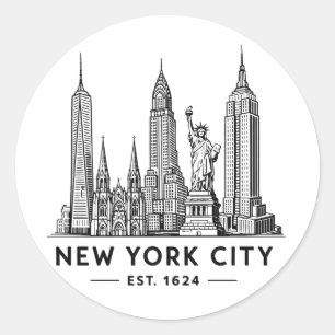 Illustration av NYC:s skyline med frihetsgudinnan Runt Klistermärke