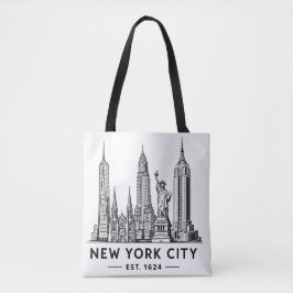 Illustration av NYC:s skyline med frihetsgudinnan Tygkasse