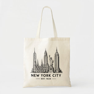Illustration av NYC:s skyline med frihetsgudinnan Tygkasse