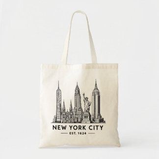 Illustration av NYC:s skyline med frihetsgudinnan Tygkasse
