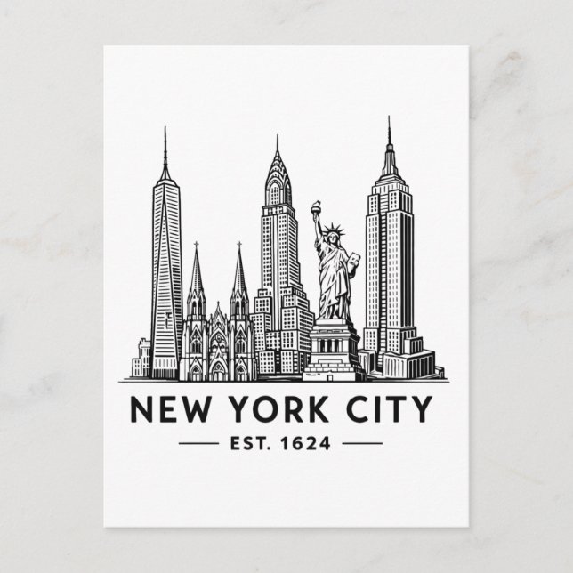 Illustration av NYC:s skyline med frihetsgudinnan Vykort (Framsida)