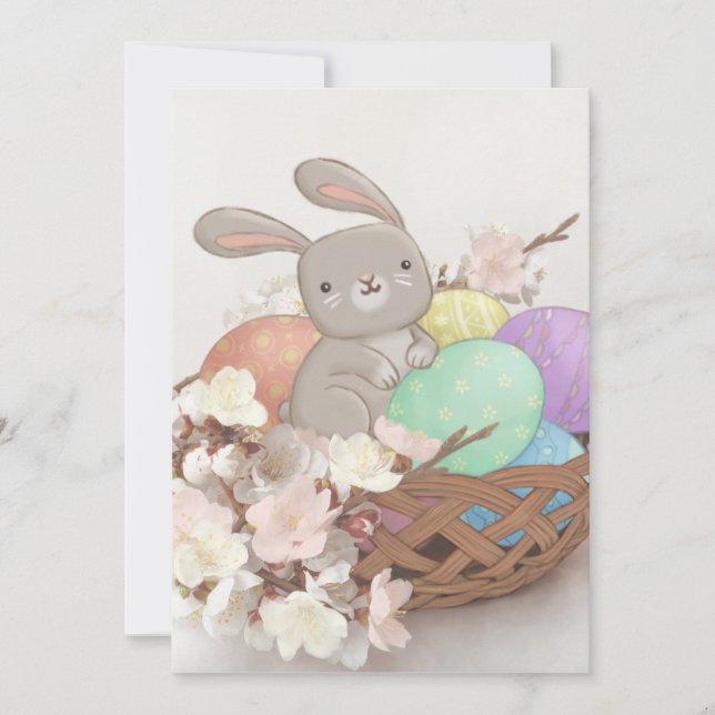 Illustration av påskhare, Påskägg och blommor Inbjudningar (Framsida)