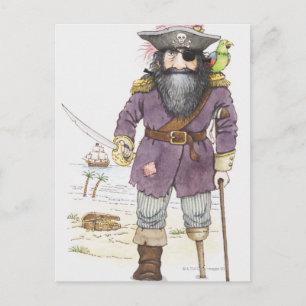 Illustration av pirat med papegoja på vykort