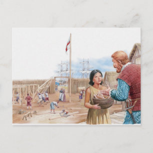 Illustration av Pocahontas besök av kapten John Vykort