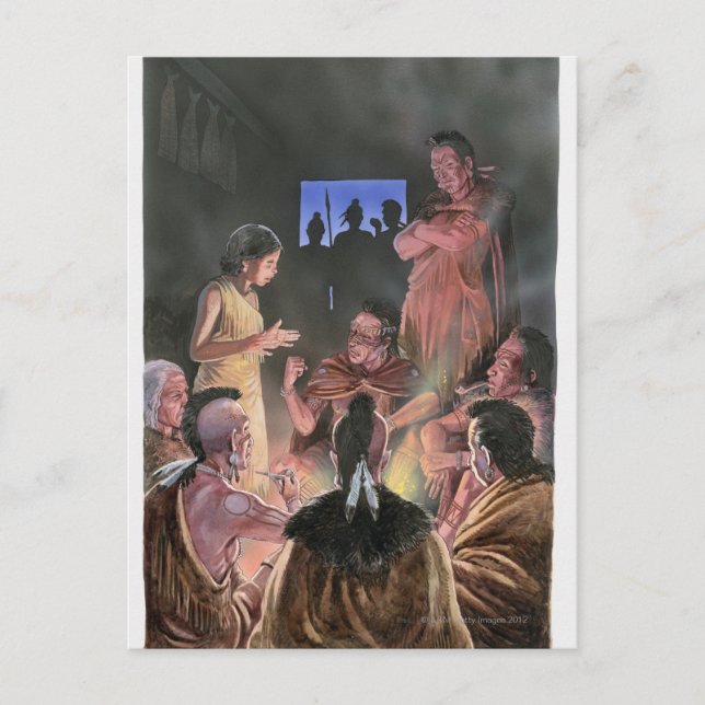 Illustration av Pocahontas som talar med henne Vykort (Framsida)