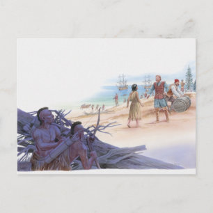 Illustration av Pocahontas som talar med kapten Vykort