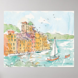 Illustration av Porofinos hamn med segelbåt Poster