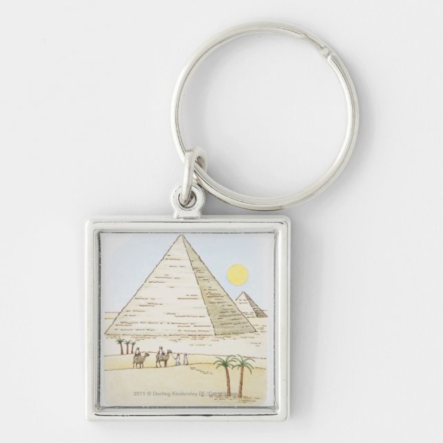 Illustration av pyramider och manar med kamel fyrkantig silverfärgad nyckelring (Framsidan)