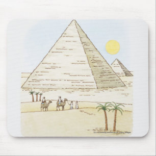 Illustration av pyramider och manar med kamel musmatta