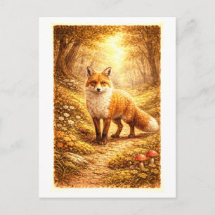 Illustration av räv i skogen i vintage-stil vykort