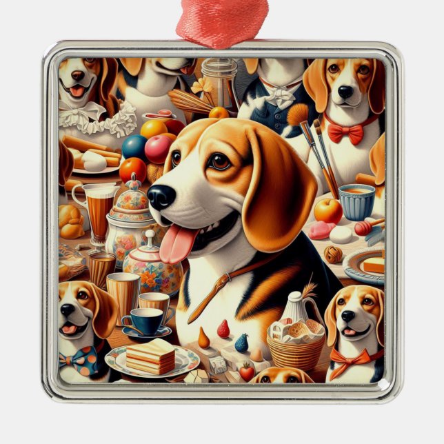Illustration av Retro Cute Beagle Julgransprydnad Metall (Framsidan)