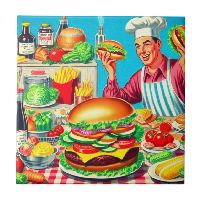 Illustration av Retro Hamburger Tecknad Kakelplatta (Framsidan)