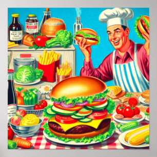 Illustration av Retro Hamburger Tecknad Poster
