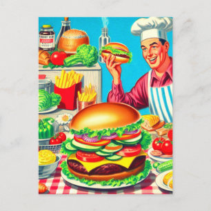 Illustration av Retro Hamburger Tecknad Vykort