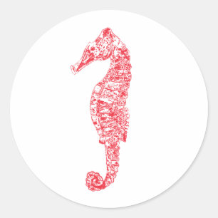 Illustration av röd sjöhäst med minimalistisk ocea runt klistermärke