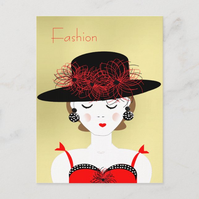 Illustration av Röda och svarta Chicen Mode Dam Vykort (Framsida)
