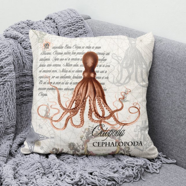 Illustration av rödbläckfisk från Nautisk Vintage Kudde (Modern Vintage Nautical Octopus Throw Pillow for Your Coastal Decor )