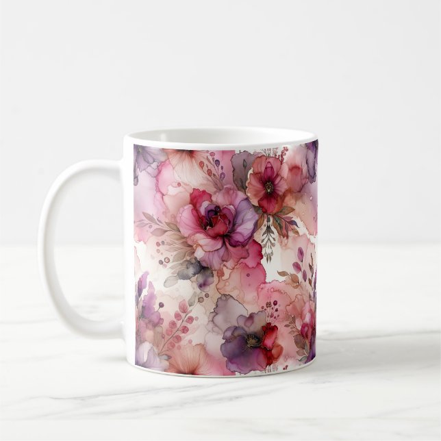 Illustration av rosa och Lila blommor Alcohol Bläc Kaffemugg (Vänster)