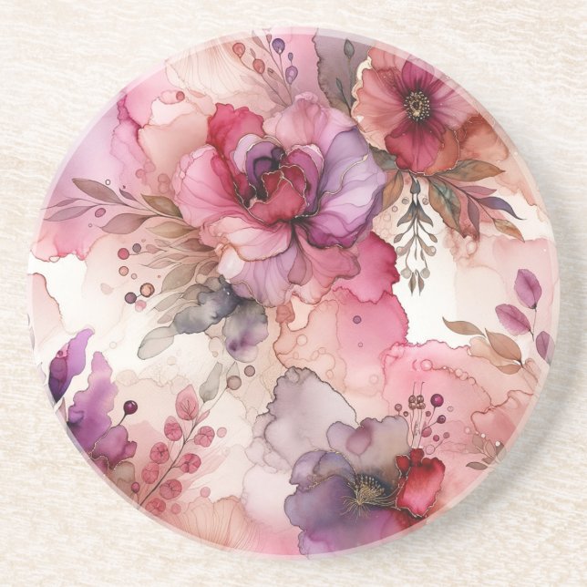 Illustration av rosa och Lila blommor Alcohol Bläc Underlägg (Framsidan)