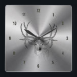 Illustration av rostfritt stål och svart Hjort Fyrkantig Klocka<br><div class="desc">Färskt rostfritt stål i silver grått med glänsande metalldesign och med svartfärgad hjort. Metallisk utseende är en digital illusion och inte en äkta metallisk shine.</div>