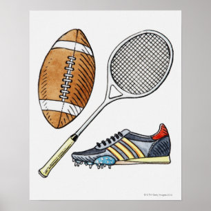 Illustration av rugbyboll, tennisracquet, poster