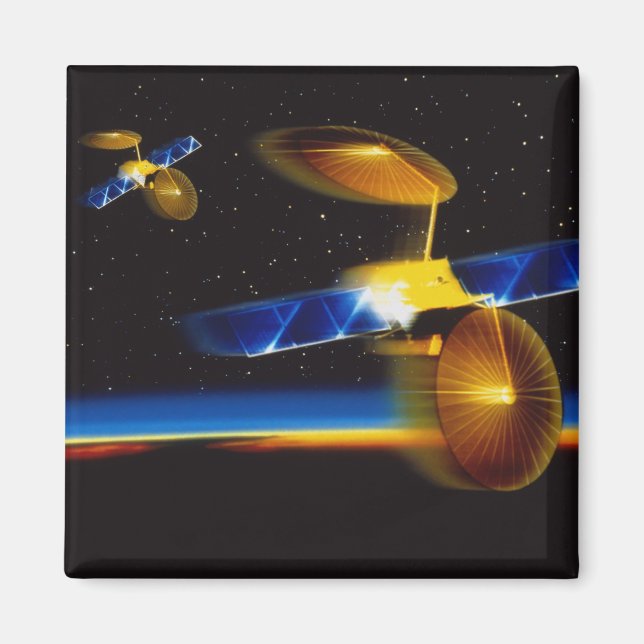 Illustration av satelliter över jordens horisont magnet (Framsidan)